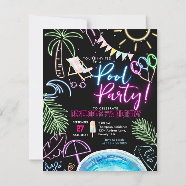 BUDGET Black Neon Glow Watercolor Pool Birthday (Front)