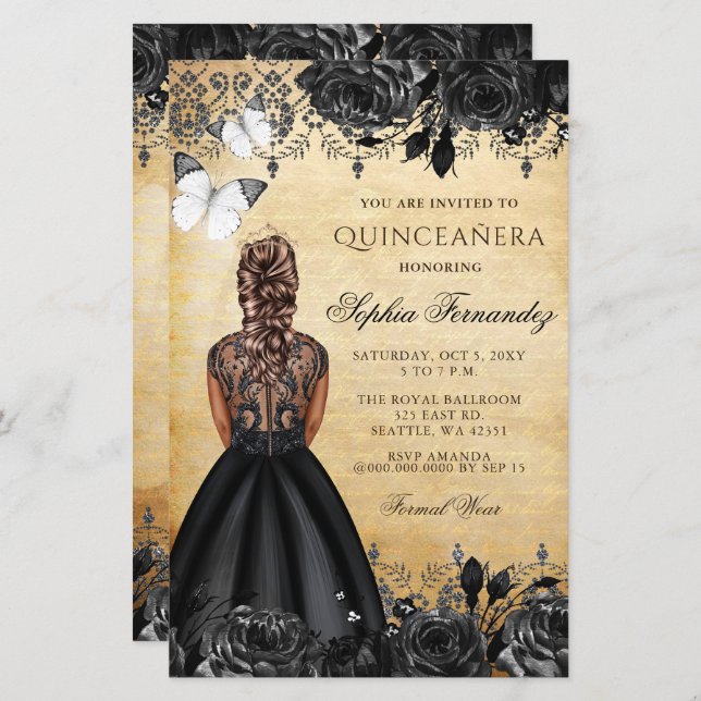 Budget Black Princess Quinceañera Invitation (Front/Back)