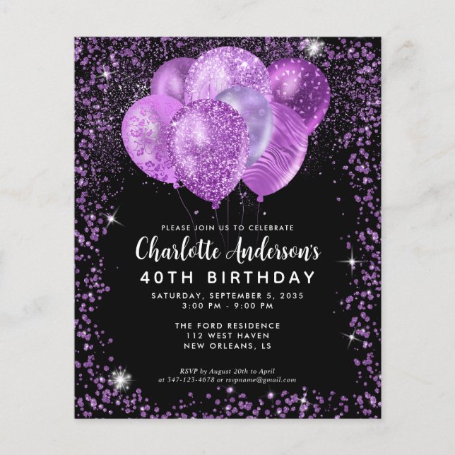 Budget Black Purple Glam Glitter Balloon Birthday (Front)