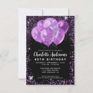 Budget Black Purple Glam Glitter Balloon Birthday Card