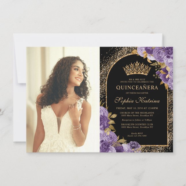 Budget Black Purple Gold Floral Photo Quinceanera Card (Front)