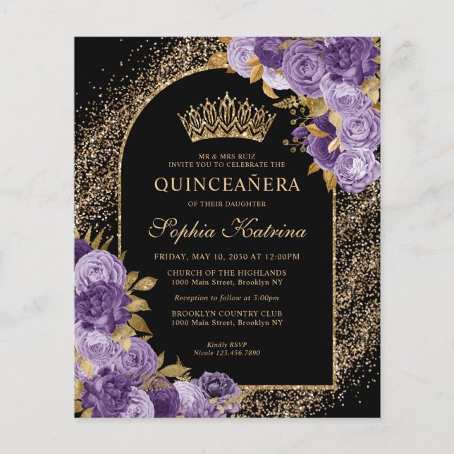 Budget Black Purple Violet Gold Floral Quinceanera (Front)