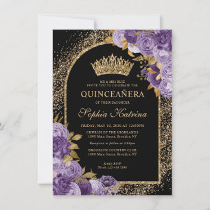 Budget Black Purple Violet Gold Floral Quinceanera Card
