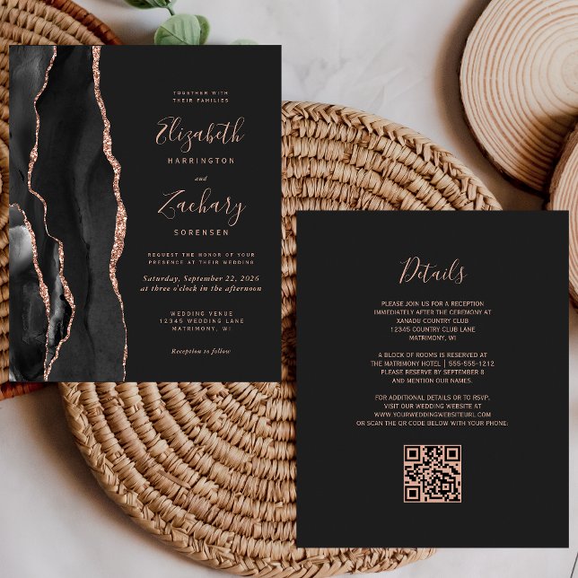Budget Black Rose Gold Agate Dark QR Code Wedding (Creator Uploaded)
