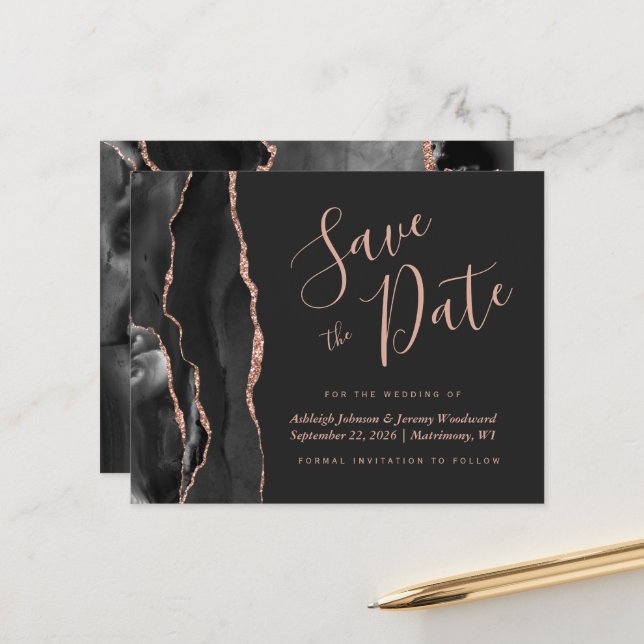 Budget Black Rose Gold Agate Dark Save the Date (Front/Back In Situ)