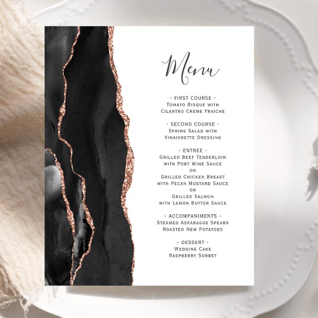 Budget Black Rose Gold Agate Wedding Menu (Creator Uploaded)