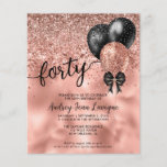 Budget Black Rose Gold Balloon Bow 40th Birthday<br><div class="desc">Modern Elegant Glam Black Pink Rose Gold Glitter Sparkle Confetti Ribbon Bow Balloon 40th Birthday Invitation</div>