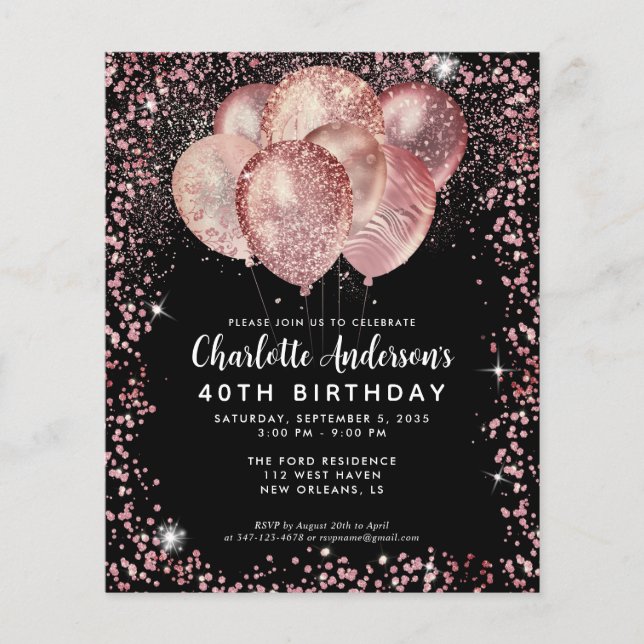 Budget Black Rose Gold Glitter Balloon Birthday (Front)