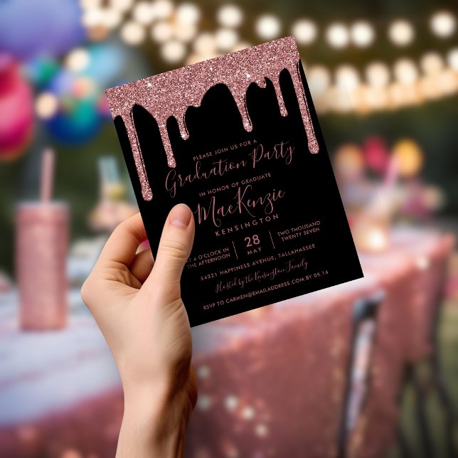 BUDGET Black Rose Gold Glitter Drips Grad Party (BUDGET Black Rose Gold Glitter Drips Grad Party Invitation)