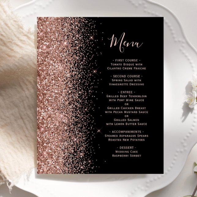 Budget Black Rose Gold Glitter Wedding Menu (Creator Uploaded)
