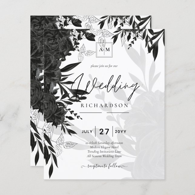 BUDGET Black Roses Elegant White Wedding Invite (Front/Back)