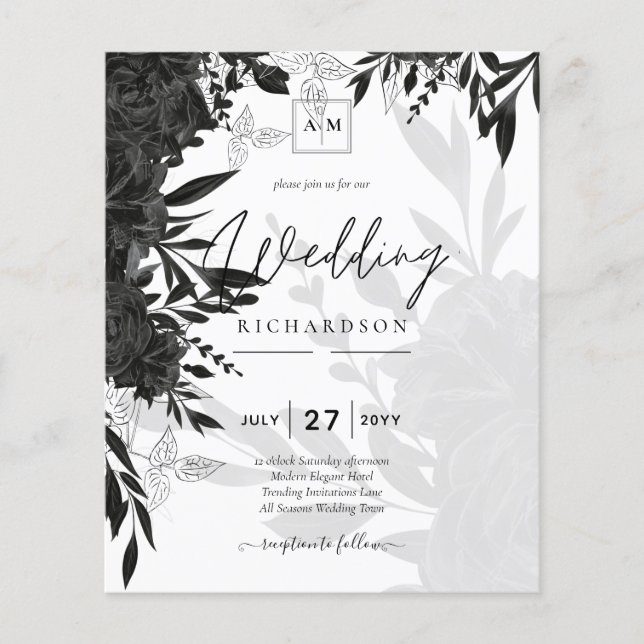 BUDGET Black Roses Elegant White Wedding Invite Flyer (Front)