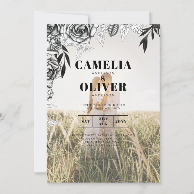Budget Black Roses PHOTO OVERLAY Wedding Invite (Front)
