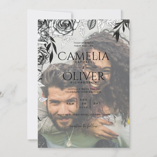 Budget Black Roses PHOTO OVERLAY Wedding Invite (Front)