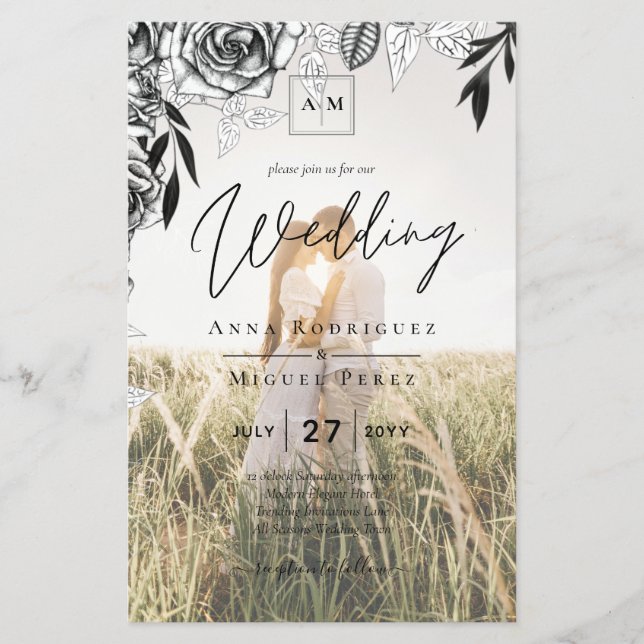 Budget Black Roses PHOTO OVERLAY Wedding Invite Flyer (Front)