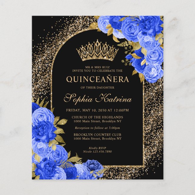 Budget Black Royal Blue Gold Floral Quinceanera (Front)