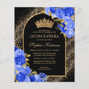 Budget Black Royal Blue Gold Floral Quinceanera