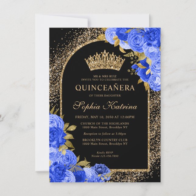 Budget Black Royal Blue Gold Floral Quinceanera Card (Front)