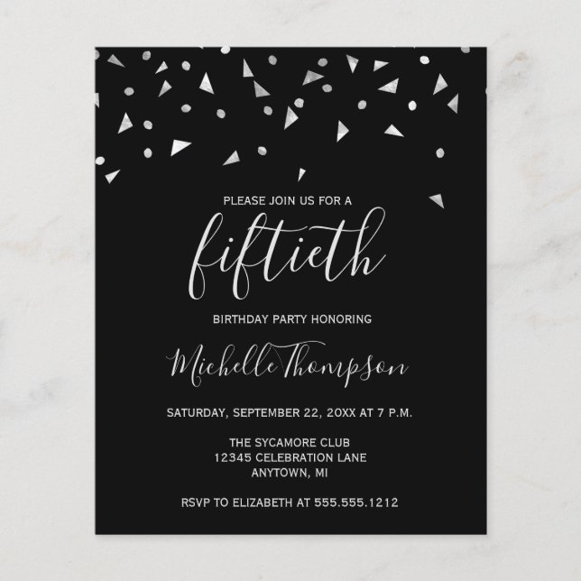 Budget Black Silver 50th Birthday Party Invitation (Front)