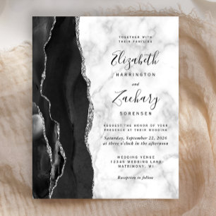 Budget Black Silver Agate Marble Wedding Invite