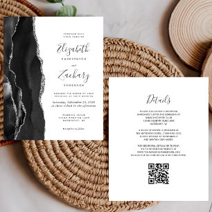 Budget Black Silver Agate QR Code Wedding Invite