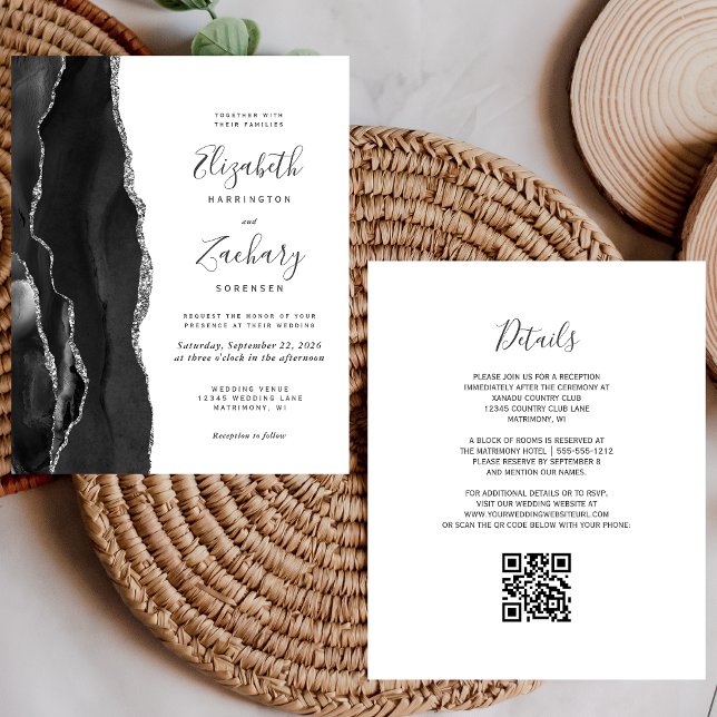 Budget Black Silver Agate QR Code Wedding Invite (Creator Uploaded)