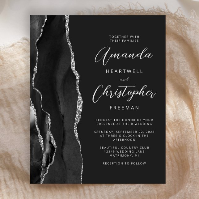 Budget Black Silver Agate Slate Wedding Invitation (Creator Uploaded)