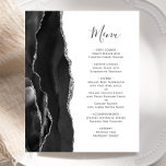 Budget Black Silver Agate Wedding Menu<br><div class="desc">The left-hand edge of this elegant modern wedding menu features a black watercolor agate border trimmed with faux silver glitter. The customizable text combines charcoal gray handwriting script and copperplate fonts on a white background. The reverse side features a matching black and silver agate design.</div>