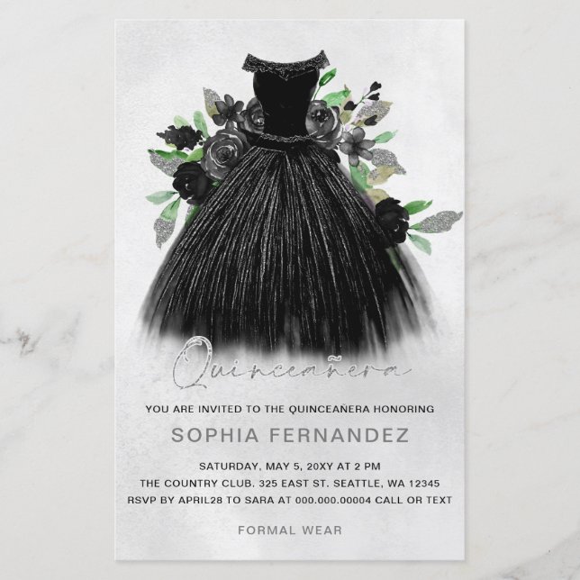 Budget Black Silver Dress Quinceañera Invitation (Front)