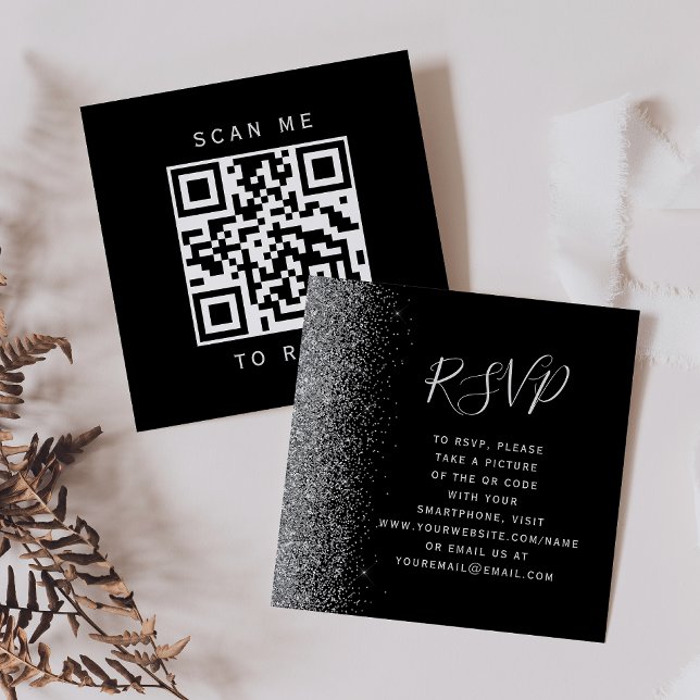 Budget Black Silver Glitter Wedding QR Code RSVP Enclosure Card (Creator Uploaded)