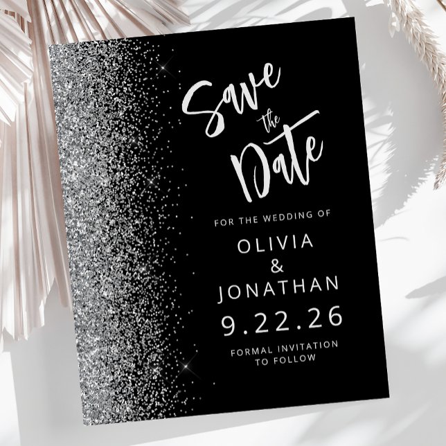 Budget Black Silver Script Glitter Save the Date (Creator Uploaded)