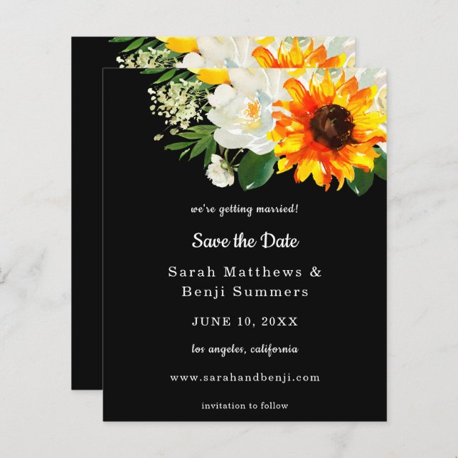 Budget Black Sunflower & Whi Floral Save the Date (Front/Back)