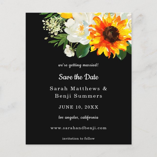 Budget Black Sunflower & Whi Floral Save the Date Flyer (Front)