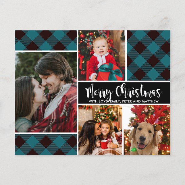 Budget Black Teal Buffalo Plaid Christmas Card (Front)