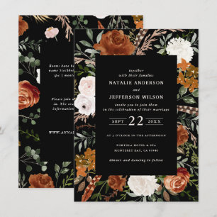 Budget black terracotta floral wedding details invitation
