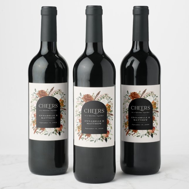 Budget black, Terracotta floral wedding favour gif Wine Label (Bottles)