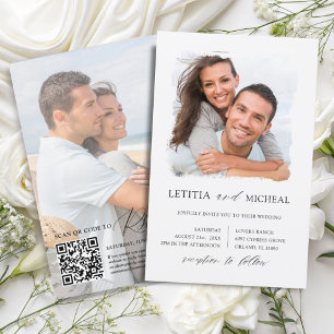Budget Black & White 2 Photo QR Wedding Invitation