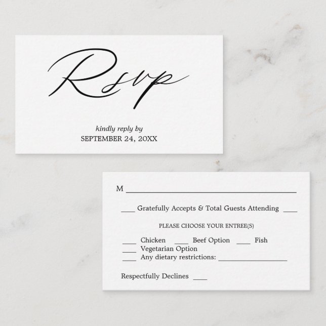 Budget Black & White Calligraphy 2SM Meal RSVP Enclosure Card (Front/Back)
