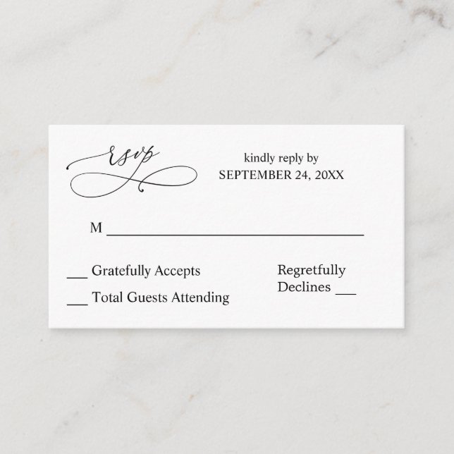 Budget Black & White Calligraphy 7 RSVP no Meal Enclosure Card (Front)