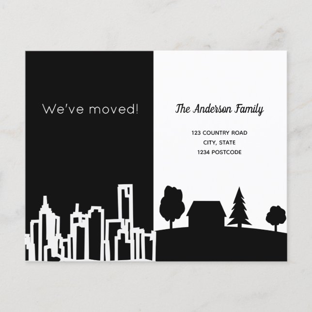 Budget black white city country moving annoucement (Front)