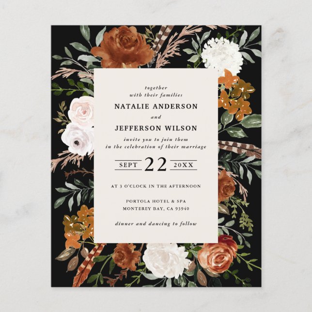 Budget black white floral wedding details invite flyer (Front)