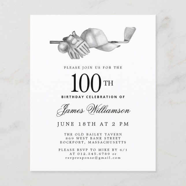 Budget Black White Golf 100th Birthday Invitation (Front)