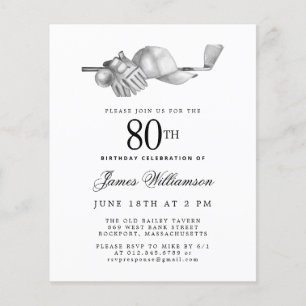 Budget Black White Golf 80th Birthday Invitation