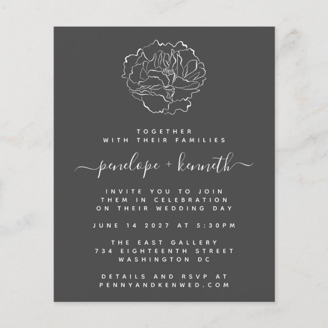 Budget Black White Minimal Floral Wedding Invite (Front)