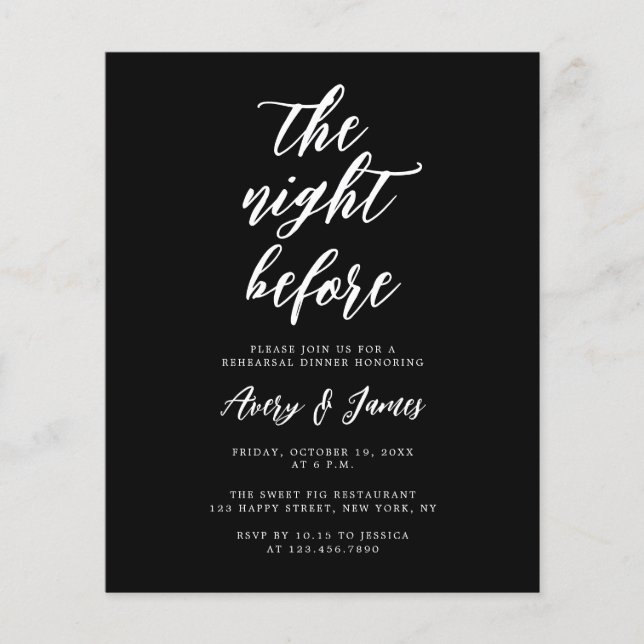 Budget Black White Night Before Rehearsal Dinner Flyer (Front)
