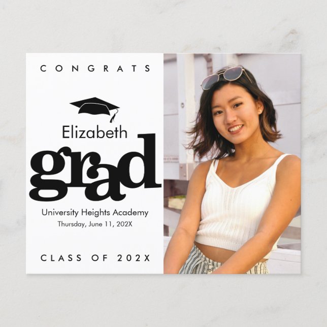 Budget Black White Photo Graduation Cap Invitation (Front)