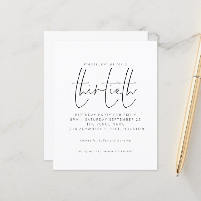Budget Black White Script 30th Birthday Invitation (Front/Back In Situ)