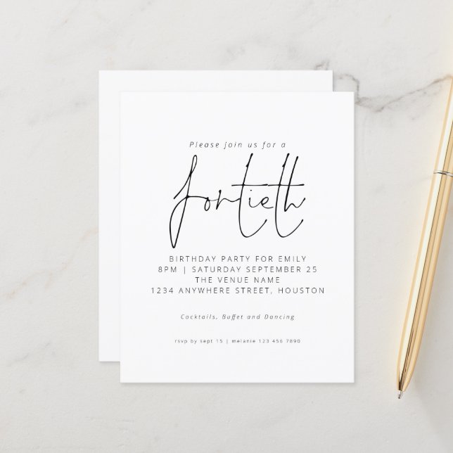Budget Black White Script 40th Birthday Invitation (Front/Back In Situ)