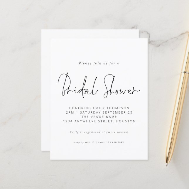 Budget Black White Script Bridal Shower Invitation (Front/Back In Situ)