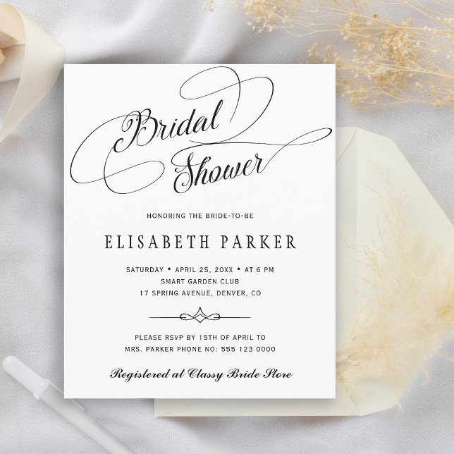 Budget black white script bridal shower invitation (Creator Uploaded)